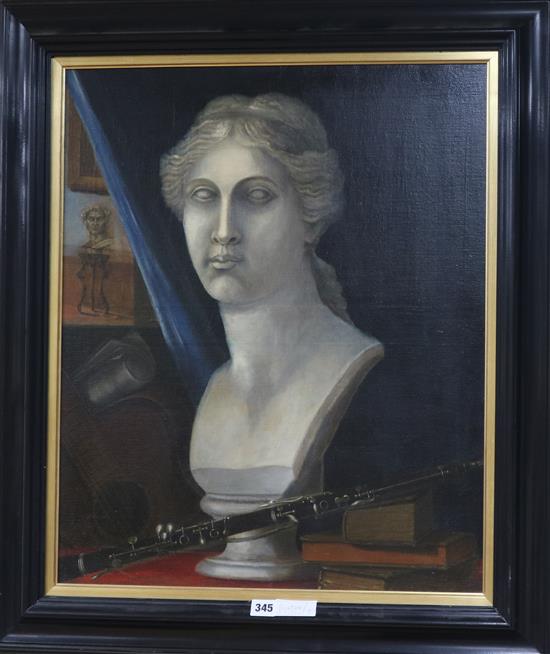 English School, oil on canvas, still life of a classical bust and musical instruments 64 x 53cm.